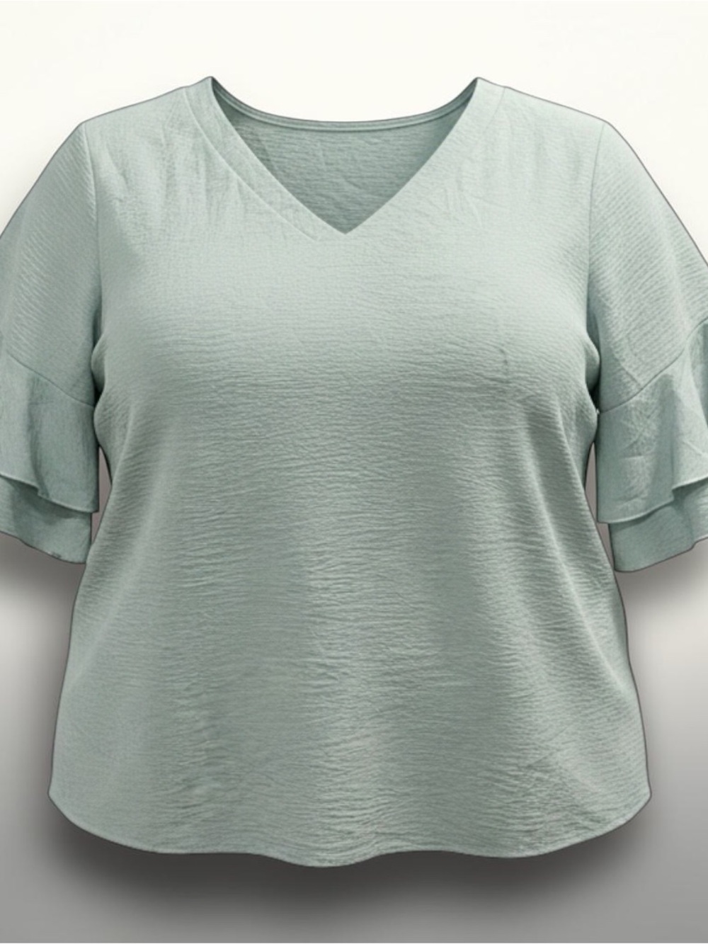 Women's 4X V-Neck Ruffle Sleeve Top - Sage Green Texture Boho Flowy